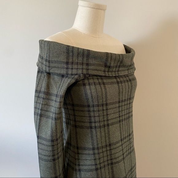 Banana Republic Green Plaid Off The Shoulder Midi Slim Fit Pencil Dress - Picture 12 of 15